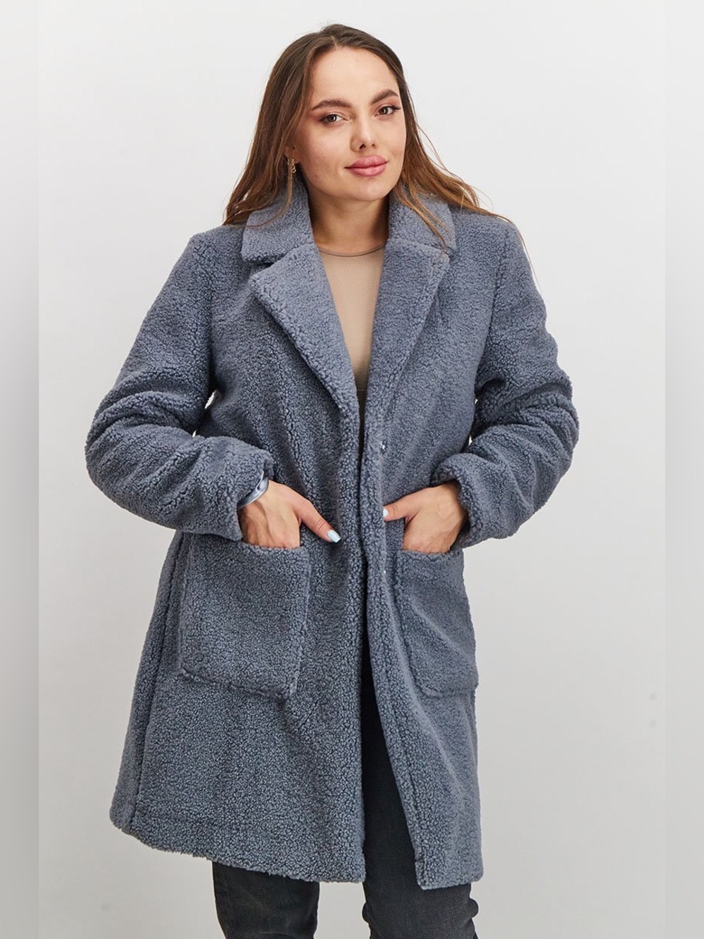 French Connection Faux Fur Coat in Denim Blue, size XL, NWT